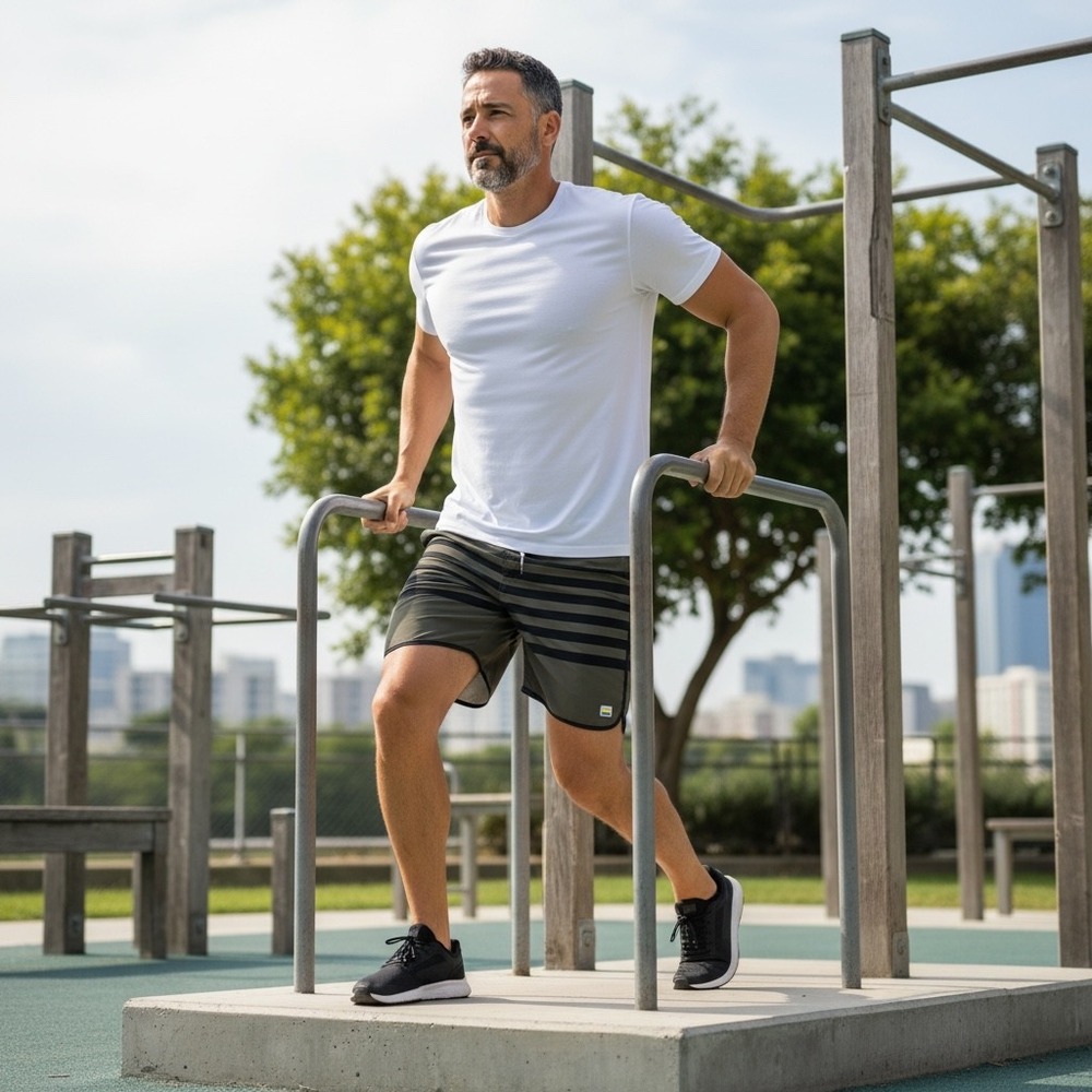Vuori Banks Shorts Mens‎ Med Olive  Green Black Striped Performance Shorts